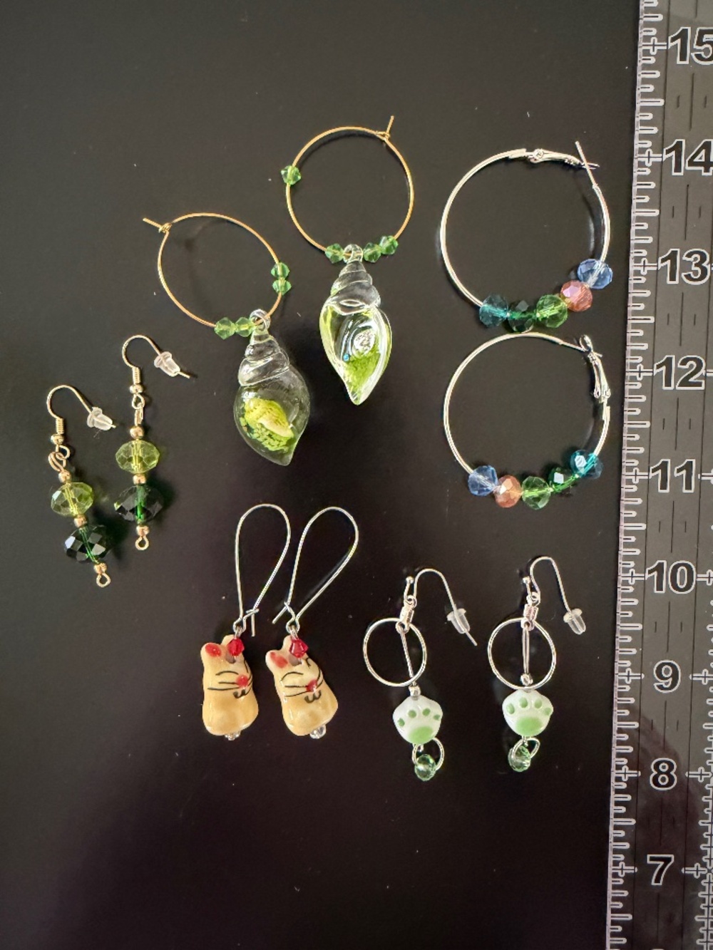 Earrings 5 Pair Green Hues Silver Tone Gold Tone Hoop And Dangle